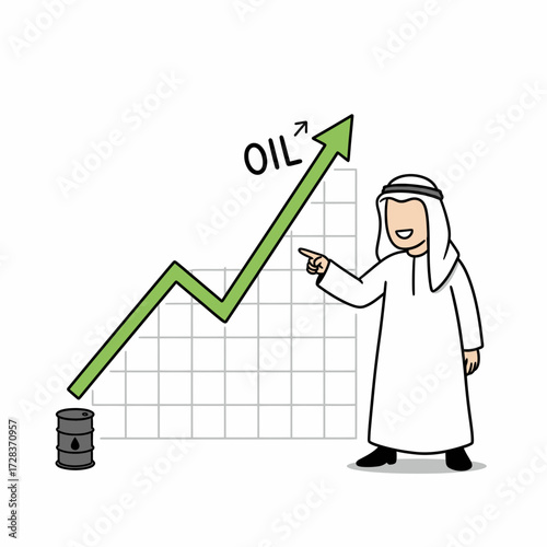 Cartoon Arab man pointing at rising oil price graph.