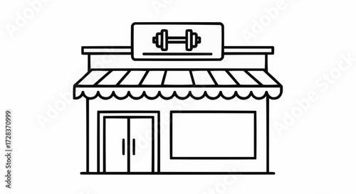Simple vector line art illustration of a gym building facade. Minimalist fitness center storefront with a dumbbell sign and awning, isolated on a white background for health and wellness concepts