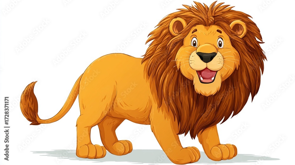 Obraz premium A cheerful, cartoon lion stands, showcasing a full, tawny mane, a wide, happy grin, and a bushy tail. Its body is a lighter orange hue