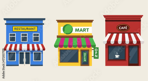 A vibrant collection of flat design vector illustrations featuring various local business storefronts, including a restaurant, a convenience mart, and a small coffee shop cafe