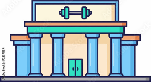 A flat vector illustration of a gym building with classic columns and a dumbbell sign, representing a fitness center or health club icon undefined (1).svg
