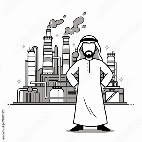 An Arab man stands confidently in front of a large industrial complex, smoke billowing.