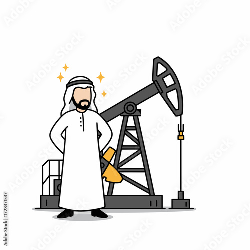 Cartoon of an Arab man in traditional clothing standing proudly next to an oil pump jack.