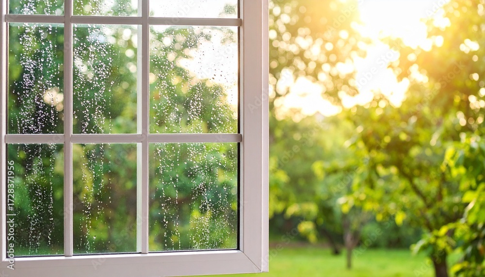 Naklejka premium Rain-Streaked Window View: Bright Sunlight Through Lush Green Garden, Serene Indoor Scene