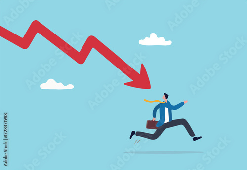Business failure, economic recession or investment loss or stock market falling down, crisis or crash, investing risk or depression concept, failed businessman run away from falling down arrow chart.