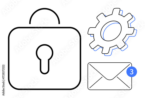 A padlock, gear icon, and envelope with notification badge emphasize digital security, email updates, and system preferences. Ideal for technology, cybersecurity, email management, data protection