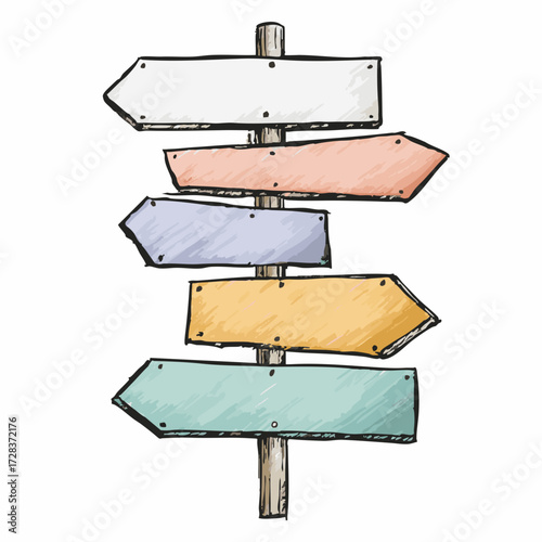Watercolor Hand Drawn Wooden Arrow Signpost with Multiple Directional Arrows Graphic