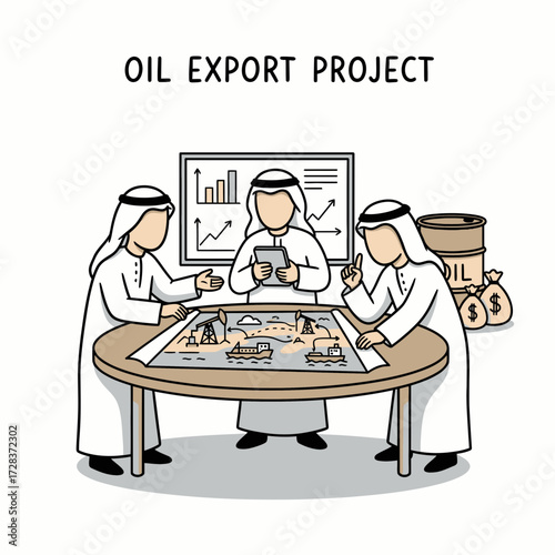 Cartoon illustration depicts Arab businessmen planning an oil export project, analyzing maps and data.