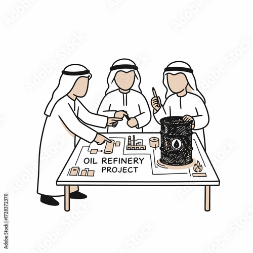 Three men in traditional attire collaborate around a table discussing an oil refinery project.