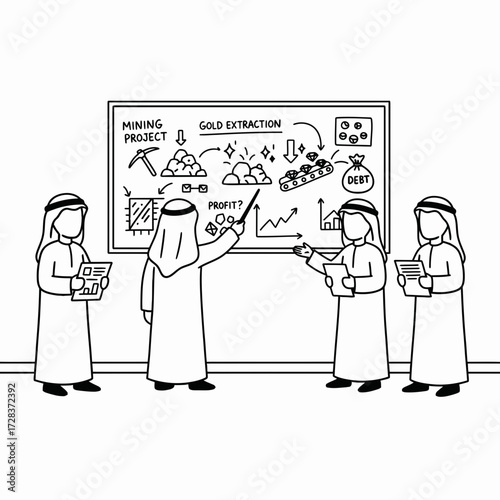 Arab businessmen in traditional attire analyzing a mining project and gold extraction strategy on a whiteboard during a presentation.