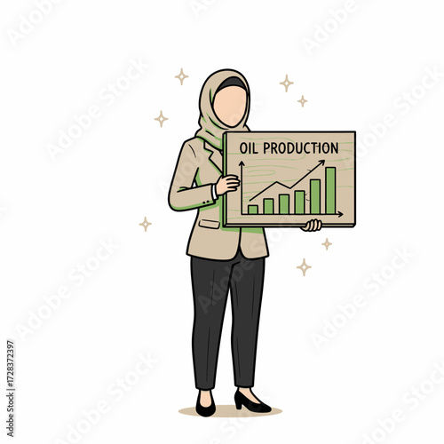 A woman wearing a hijab presents a chart showing rising oil production in a business setting.