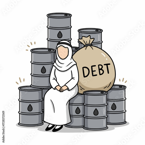 Woman Overwhelmed by Debt and Oil Barrels.