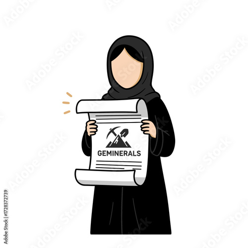 An illustration depicts a woman in traditional attire holding a scroll with a logo.