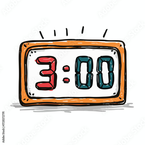Hand Drawn Style Digital Clock Displaying Three O'Clock Illustration