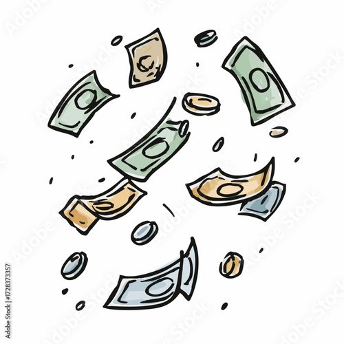 Handdrawn Watercolor Flying Money and Coin Illustration Finance Concept Design