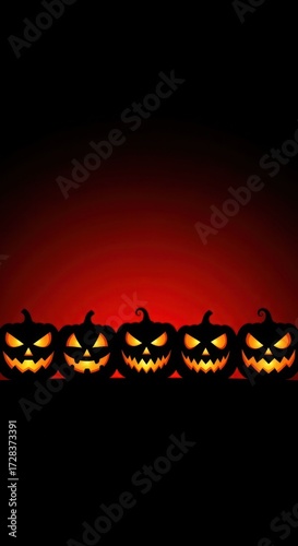 Five carved jack-o'-lanterns glowing with eerie faces against a dark red background.
