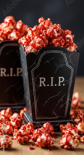 Halloween treat: Red candy popcorn overflowing from tombstone-shaped containers, scattered on a wooden surface.