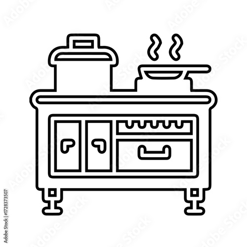 Kitchen Stove and Cooking Pots Icon — Culinary, Restaurant, Food Preparation, Home Cooking Equipment Symbol