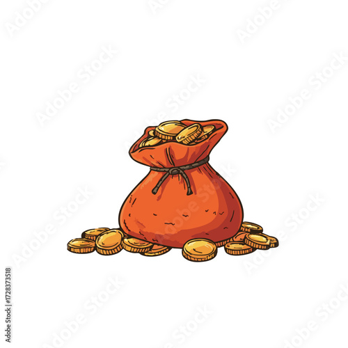 Handdrawn Colorful Sack of Gold Coins Treasure Illustration Icon