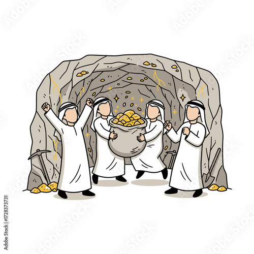 Four men in traditional Arab clothing carry a sack of gold out of a mine, celebrating their discovery.