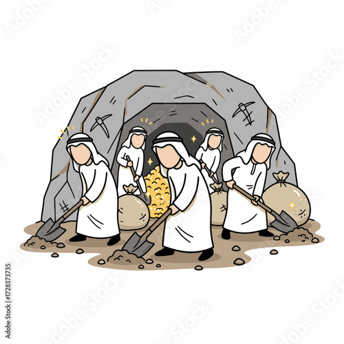 Cartoon illustration depicts a group of men digging for gold inside a cave.