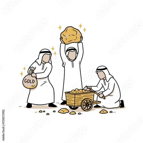 Illustration depicts three figures in traditional attire handling gold nuggets and a cart.