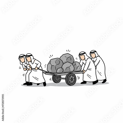 Four men in traditional Arab clothing pull a cart loaded with large rocks or stones.