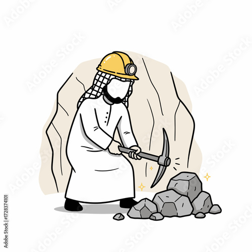 An illustration depicts a miner in traditional attire, extracting ore from a rock face.
