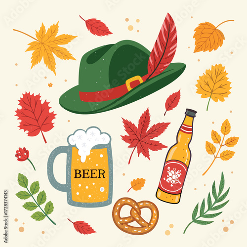 October Fest Beer Celebration with Autumn Leaves and Pretzel Perfect for Seasonal and Food Drink Themes