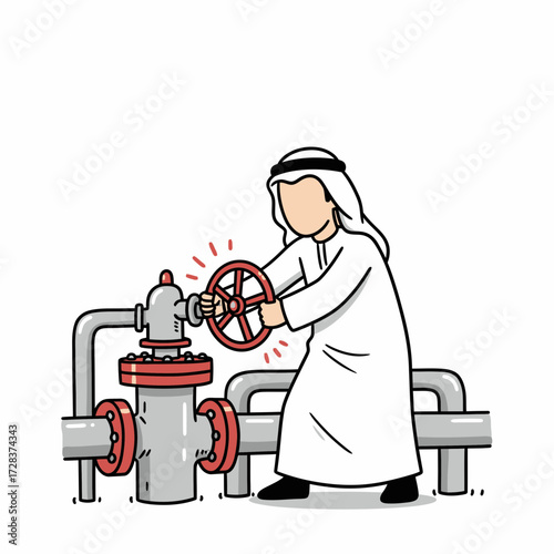 Cartoon depiction of a man in traditional Arab clothing turning a large red valve on a complex pipeline system.
