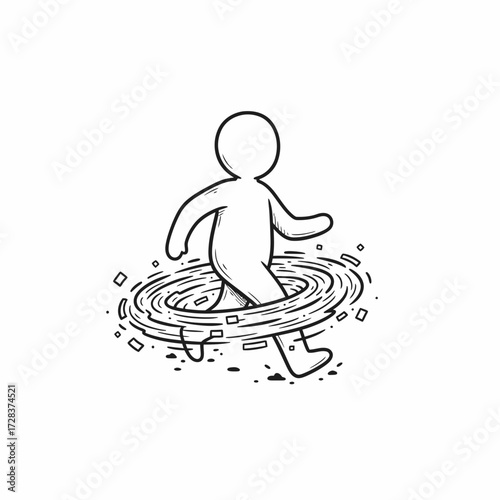 A minimalistic illustration depicting a person stepping into a swirling portal, disappearing.
