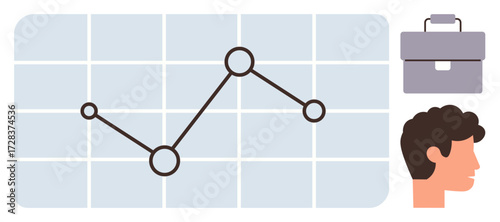Line graph with connected points in a grid chart, human profile head, and briefcase icon. Ideal for business trends, analytics, leadership, management, finance growth strategy. Simple flat metaphor