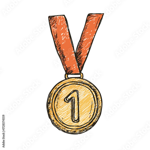 Sketchy Style Detailed Number One Medal Reward Achievement Illustration