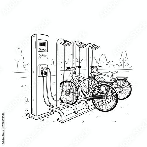 Illustration of an electric bicycle charging station with bicycles parked and charging.