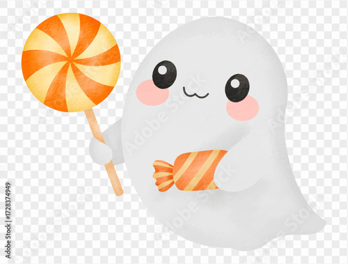 Cute kawaii ghost holding candy sweet halloween watercolor festive Vector.