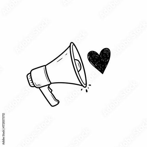 Hand-drawn illustration of a megaphone with a heart shape emerging from it, symbolizing love or a heartfelt message.