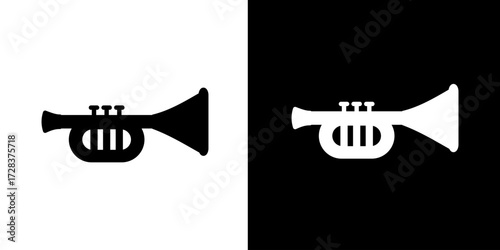 Clean black and white trumpet icon in flat silhouette style, ideal for music, jazz, orchestra, and concert themes