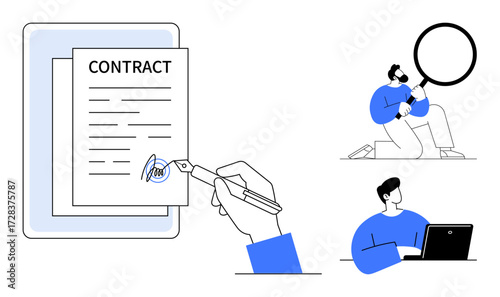 Hand signing contract person examining with magnifying glass individual using laptop. Ideal for business, legal agreements, research, analysis, collaboration, documentation, simple flat metaphor