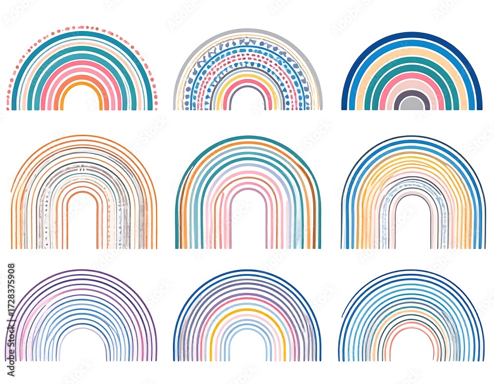 Fototapeta premium Twelve colorful rainbow arches, each uniquely patterned