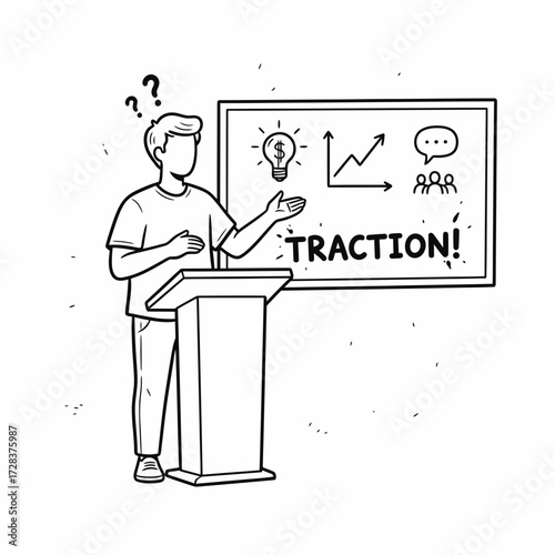 A man stands at a podium, presenting a board with a lightbulb, graph, and speech bubble, looking confused.
