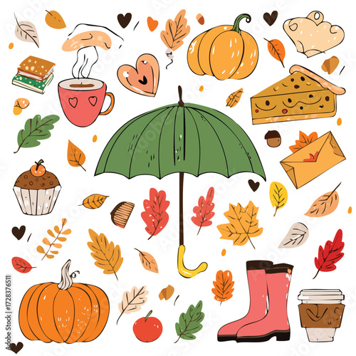 Autumn Cozy Scene with Umbrella Pumpkin Warm Drink and Fall Leaves