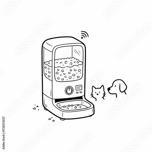 A line drawing of an automatic pet feeder with a cat and dog looking at it, indicating smart technology.