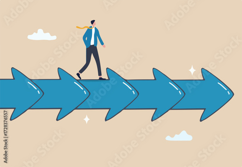 Consistency to growth, reliability or stability to progress in career development, balance or steady step, continuity growing, certainty concept, businessman walk slowly on steady consistence arrow.