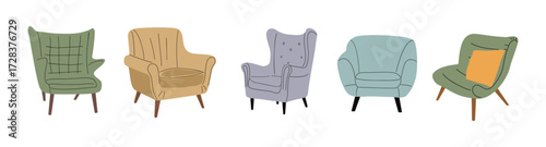 Set of different armchairs in trendy mid century modern style. Hand drawn outline sketch of interior design furniture elements. Colored vector illustrations isolated on transparent background.