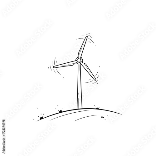 A simple line drawing of a wind turbine generating renewable energy on a hill.