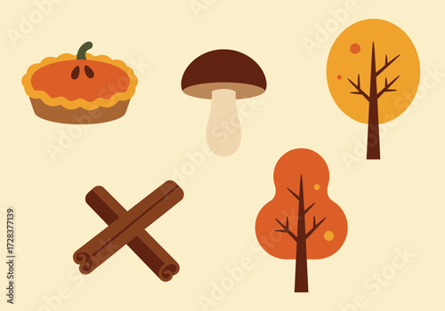 Autumn themed graphic elements: pie, mushroom, trees, and cinnamon sticks on a beige background.