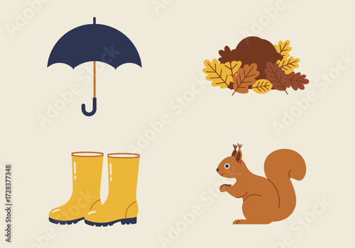 Autumn themed illustration with umbrella, leaves, boots and squirrel on a beige background.