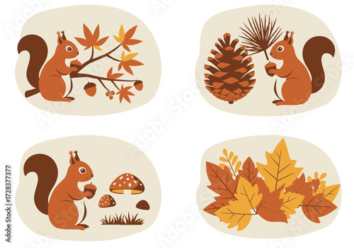 Four illustrations of squirrels interacting with autumn elements like leaves and pinecones.