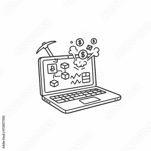 A laptop displays a blockchain network being mined for cryptocurrency, with a pickaxe and dollar signs.