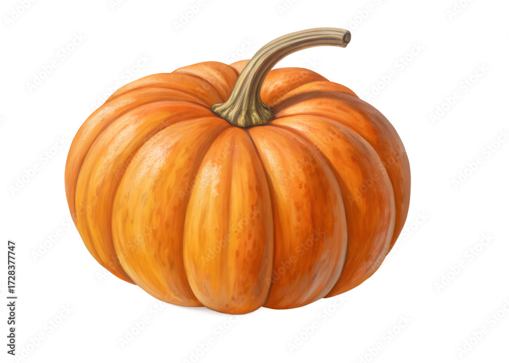 Fototapeta premium Single orange pumpkin illustration with stem on transparent background